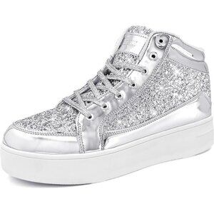 Women's Silver Shiny Glitter Sequin Shoes High Top Sneakers Fashion Bling